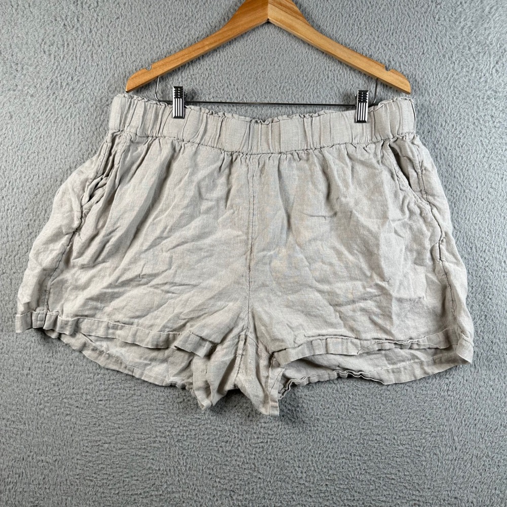 J.Crew Womens 2X Linen Shorts Tan Beige Elastic Waist Casual Coastal Breathable
